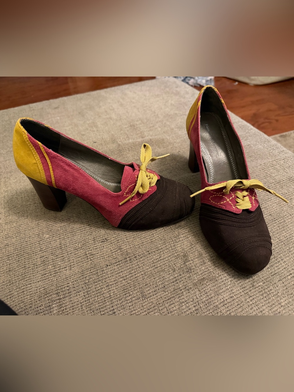 Pilcro and the Letterpress Two-Tone Brown, Pink & Yellow Lace-Up Heels
